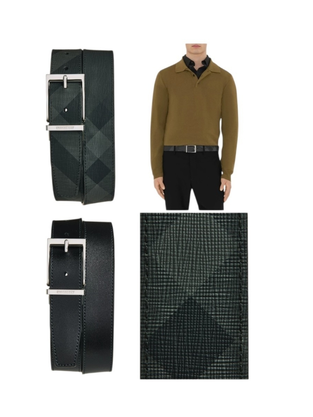 Burberry Black & Dark Green Reversible Leather Belt with Silver Buckle